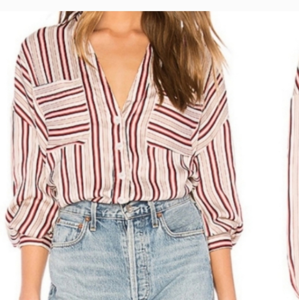 New🎀 Free People red striped boyfriend shirt patch pockets long sleeves Relaxed